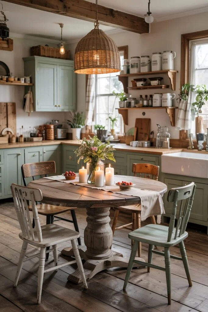 Round rustic farmhouse kitchen table with pedestal base and mixed chairs, lit by a woven pendant.