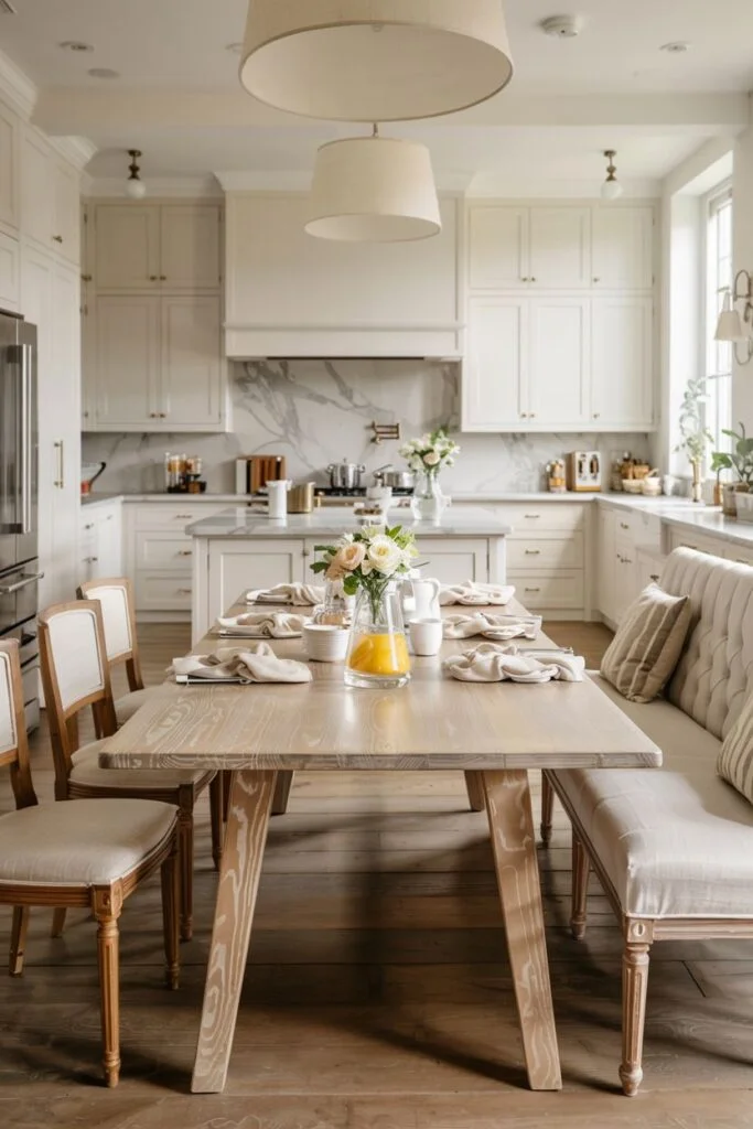 Elegant farmhouse kitchen table with upholstered bench seating and chairs in a modern, light kitchen.