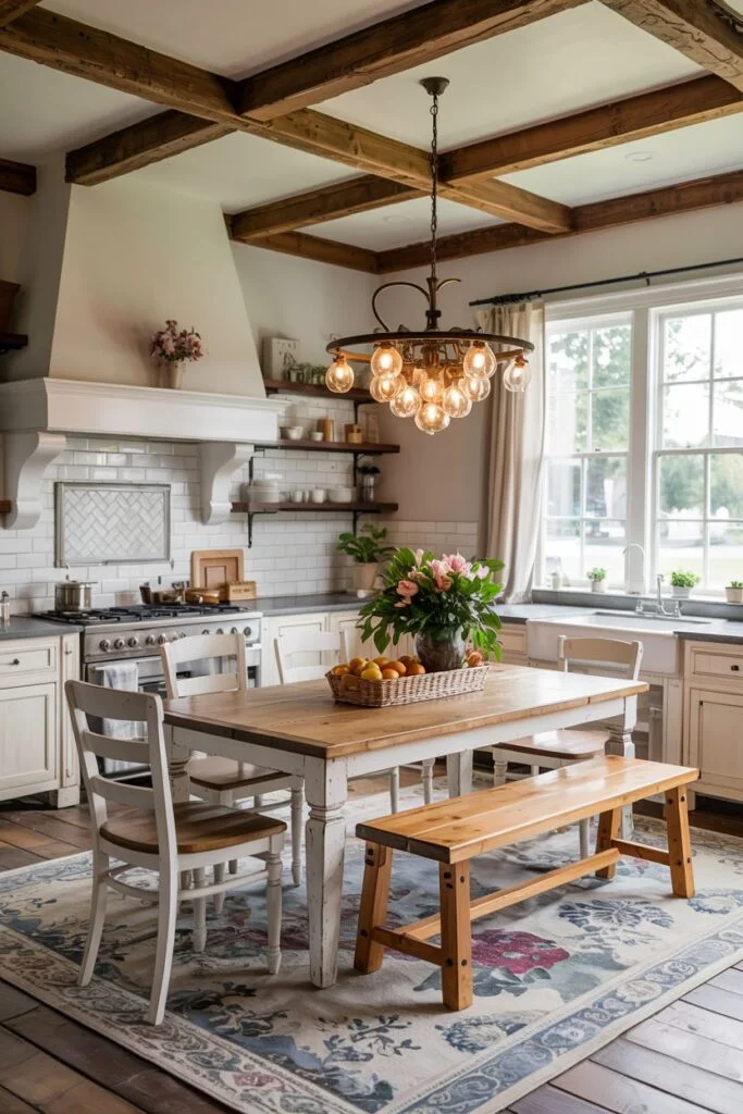 Farmhouse kitchen table with white base, wood top, and mixed seating including a bench, placed on a patterned rug in a rustic room.