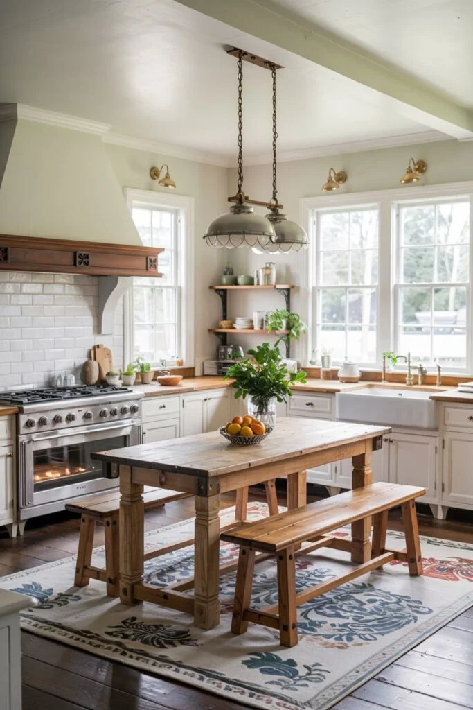 Rustic wooden farmhouse kitchen table with two matching benches in a kitchen with industrial lights and subway tile.