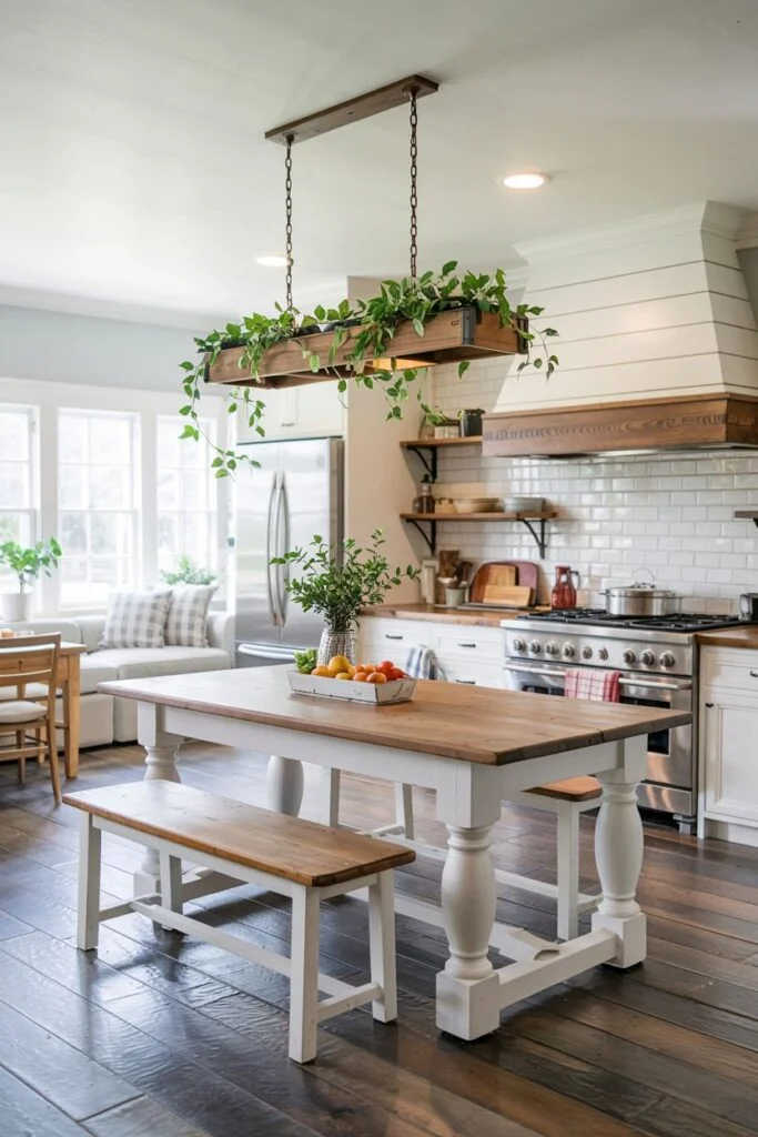 White farmhouse kitchen table base with wood top and bench, illuminated by a unique light fixture with plants, in a bright kitchen.