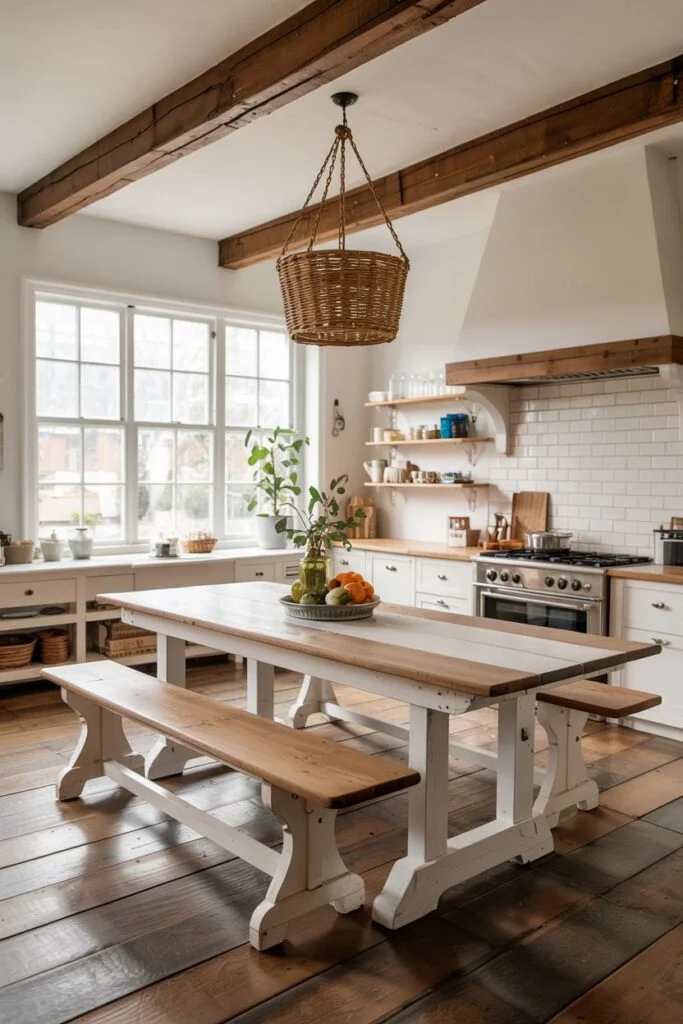 Large rustic farmhouse kitchen table with white distressed base, wood top, and benches, in a kitchen with exposed beams.