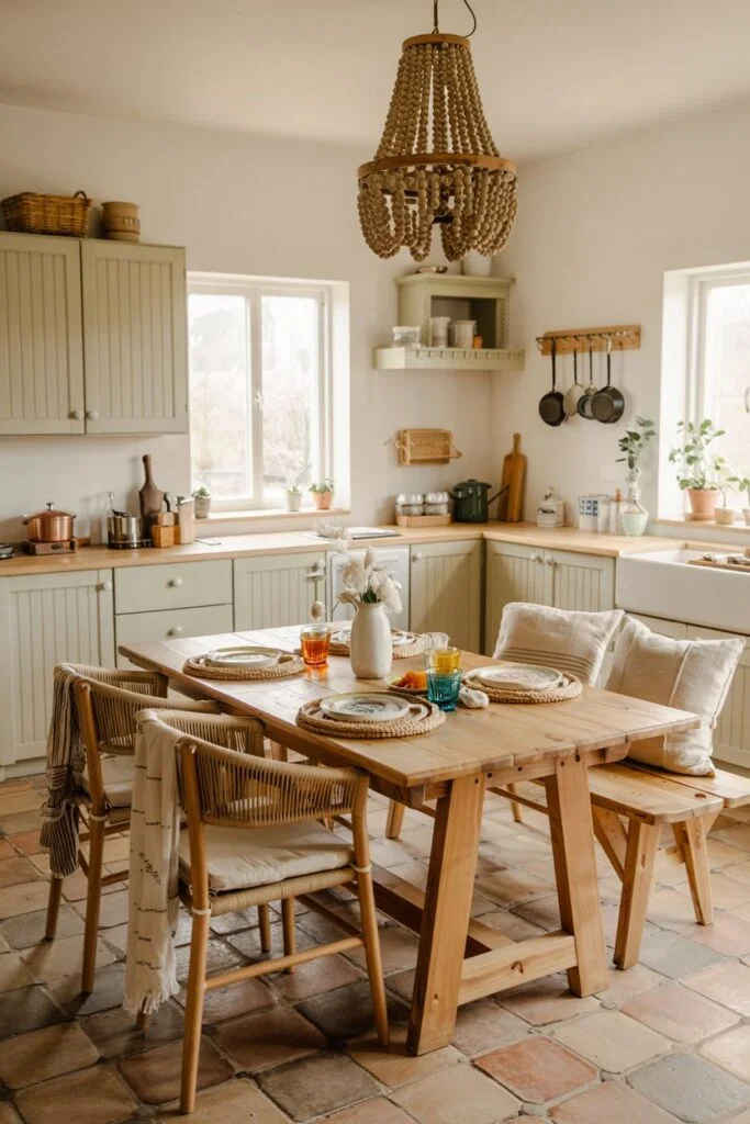 Light wood rustic farmhouse kitchen table with X-style base and woven chairs, lit by a beaded chandelier.