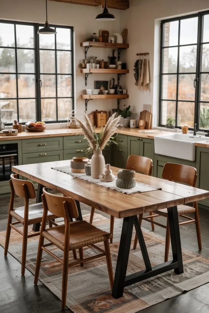 Modern rustic kitchen table with metal base and mixed seating, fitting a farmhouse aesthetic with large windows and open shelving.