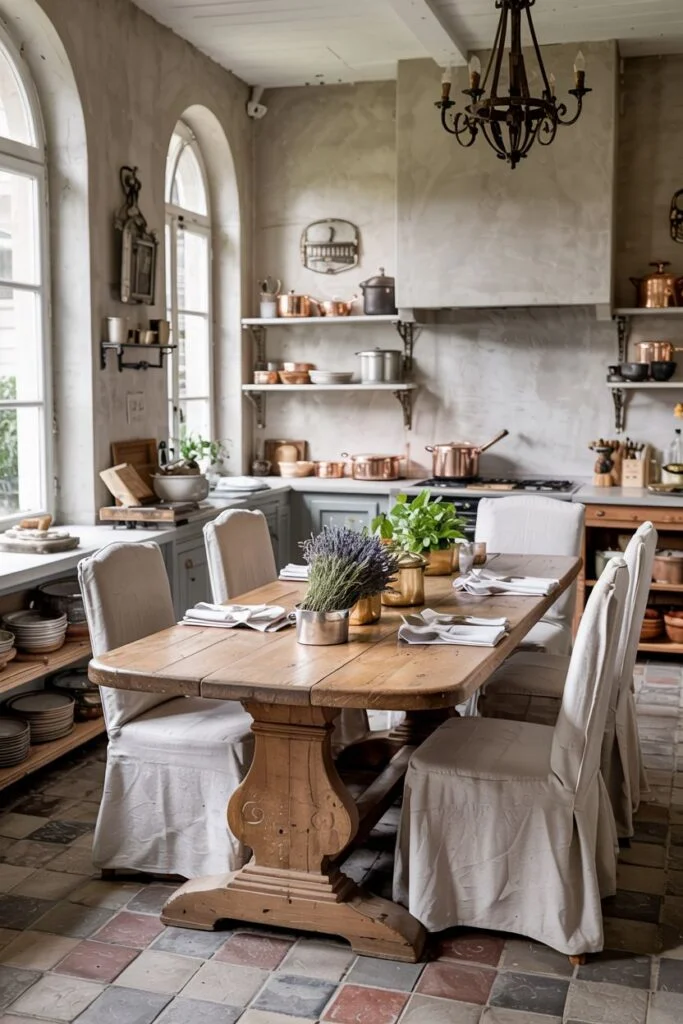 Grand rustic farmhouse kitchen table with carved legs and white slipcovered chairs in an elegant kitchen with arched windows.