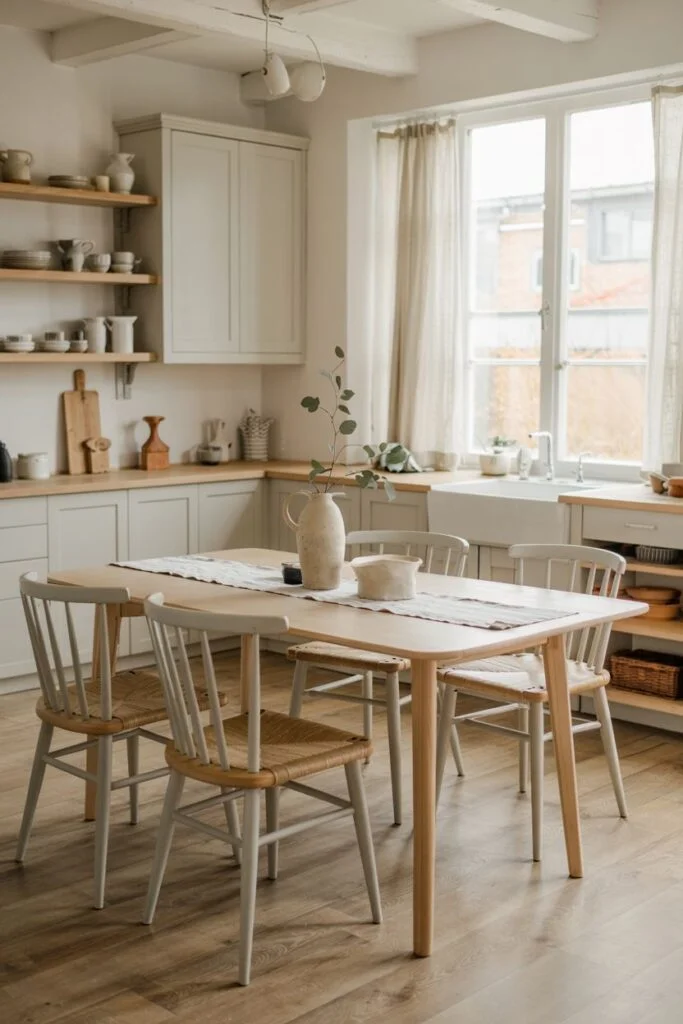 Simple farmhouse kitchen table with spindle-back chairs with woven seats in a bright, minimalist setting. This could be considered rustic due to the wood and woven elements.