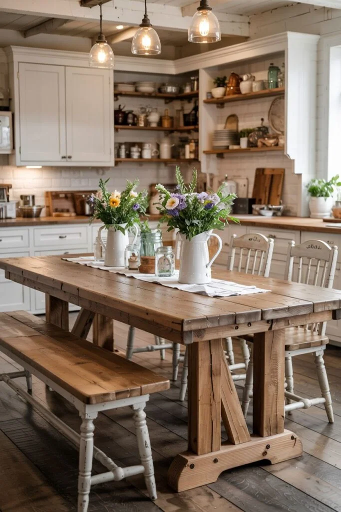 Sturdy rustic farmhouse kitchen table with substantial wood base, bench, and chairs, in a kitchen with open shelving.