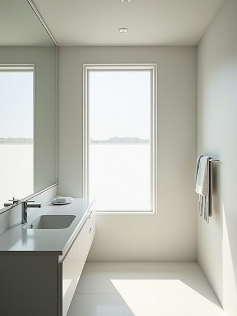 Modern small bathroom featuring a large frameless mirror above the vanity, enhancing the sense of space.