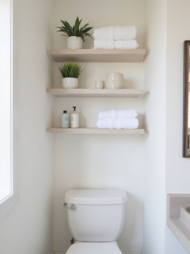 White floating shelves above a toilet holding towels, plants, and toiletries in a small modern bathroom.