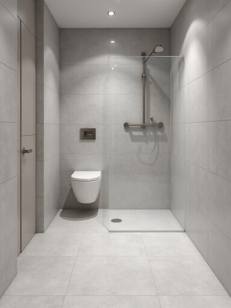 Modern small wet room with seamless tiles, walk-in shower, wall-hung toilet, and wall-mounted vanity.