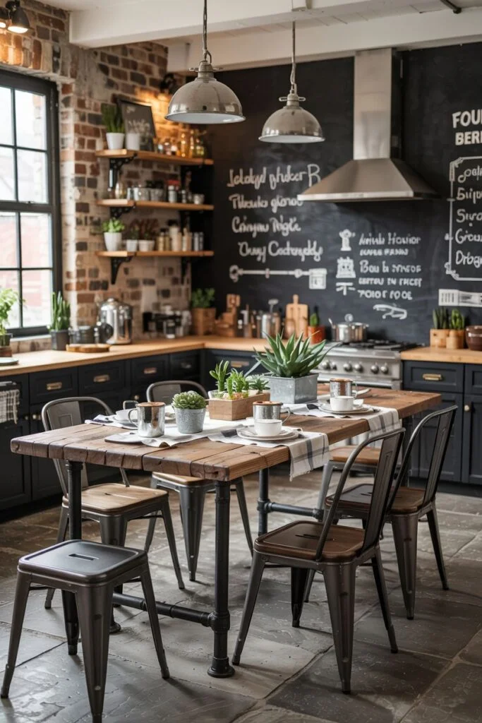 Industrial farmhouse kitchen table with a rustic wood top, metal pipe base, and metal seating, set against a brick wall and chalkboard.