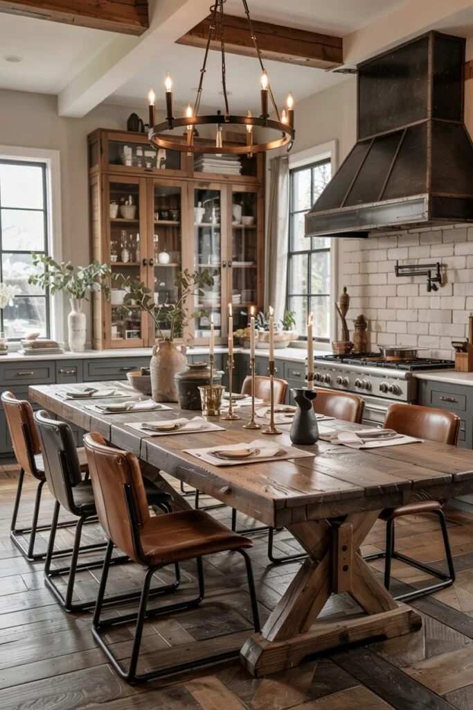 Dark wood rustic farmhouse kitchen table with leather chairs and a prominent range hood, illuminated by a chandelier.