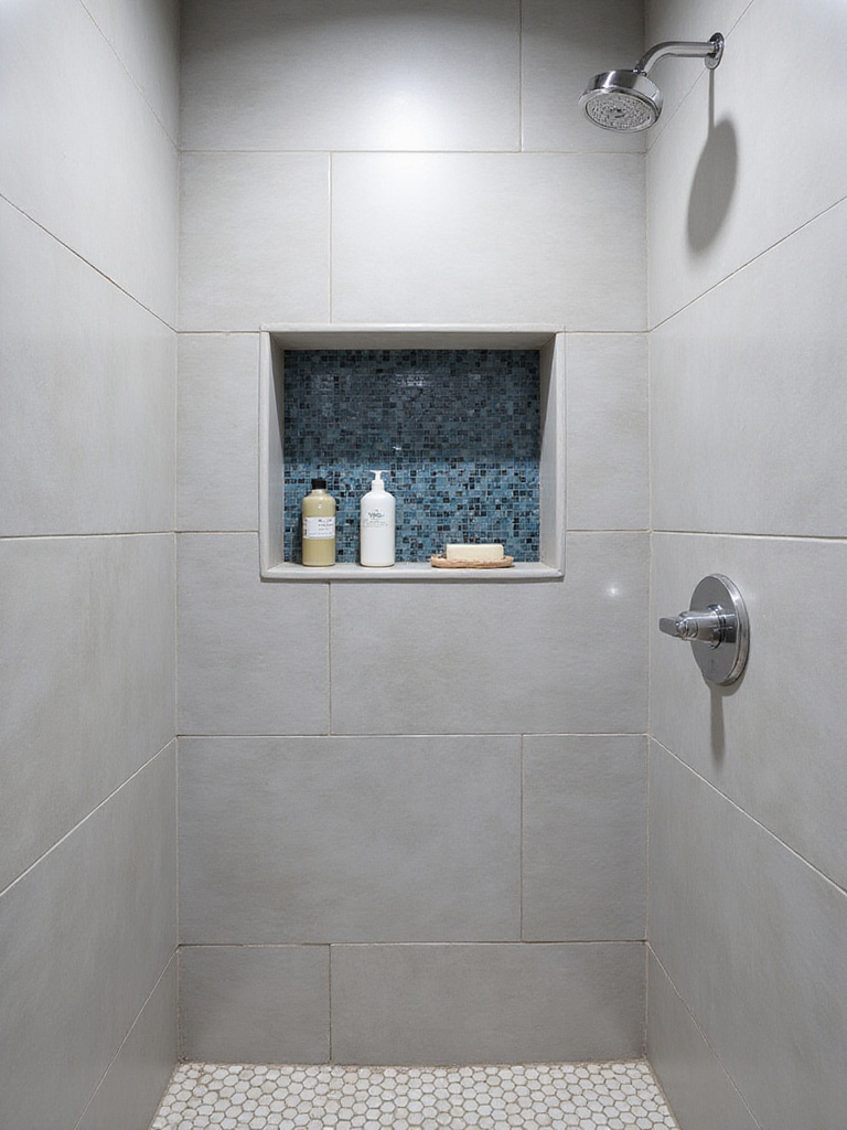 Built-in rectangular shower niche with dark blue mosaic tiles inside a small modern shower.
