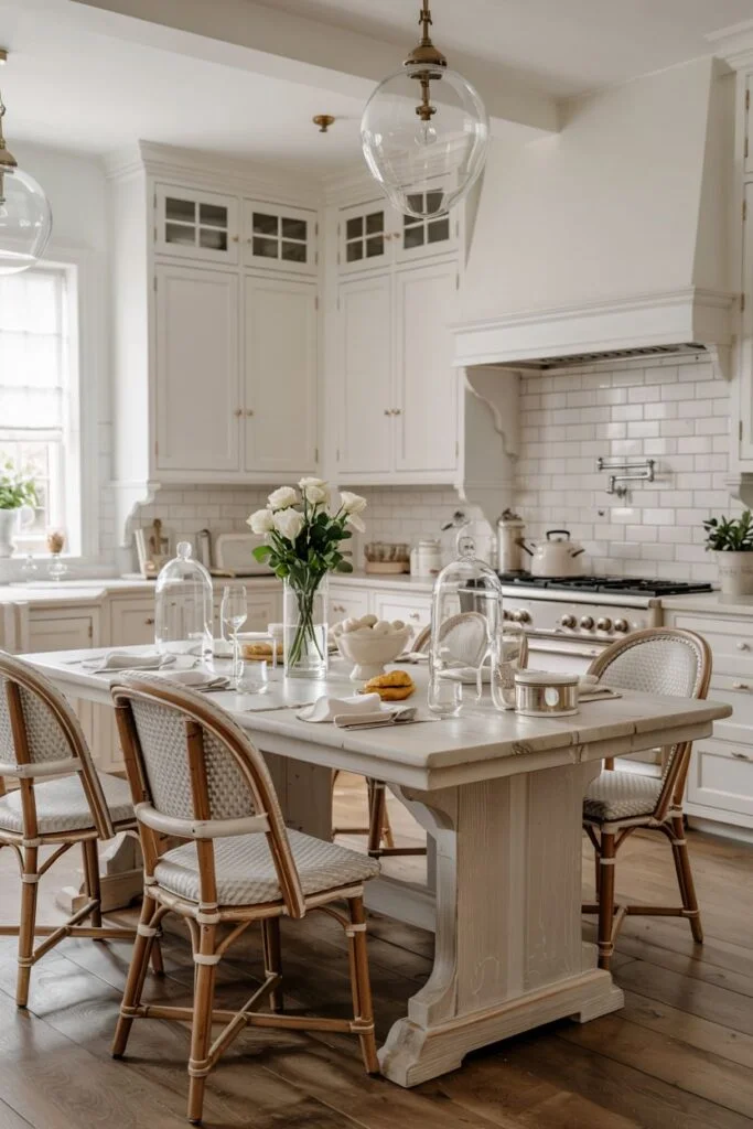 Elegant farmhouse kitchen table with a white painted base and patterned chairs in a bright white kitchen.