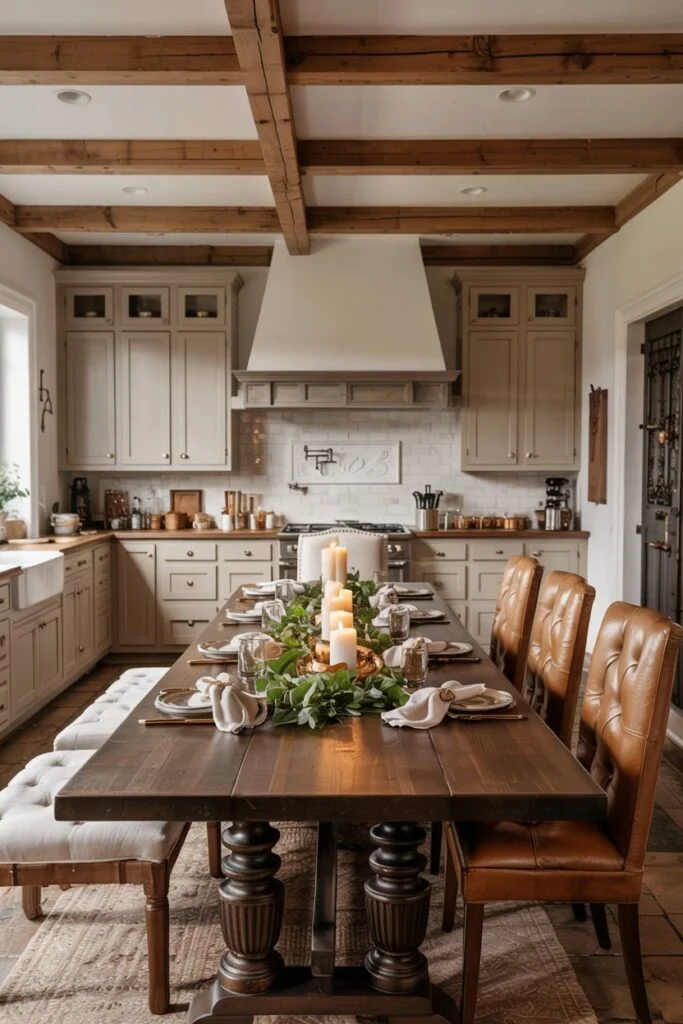 Dark wood rustic farmhouse kitchen table with turned legs, upholstered chairs, and a bench, set under exposed beams.
