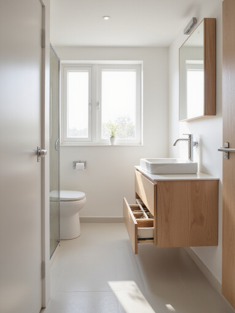 Modern small bathroom with a wall-mounted multi-functional vanity maximizing space.