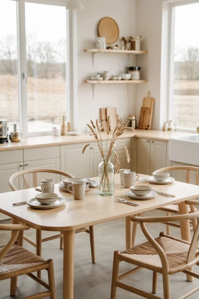 Minimalist farmhouse kitchen table with rounded corners and rustic woven chairs in a bright kitchen with large windows.