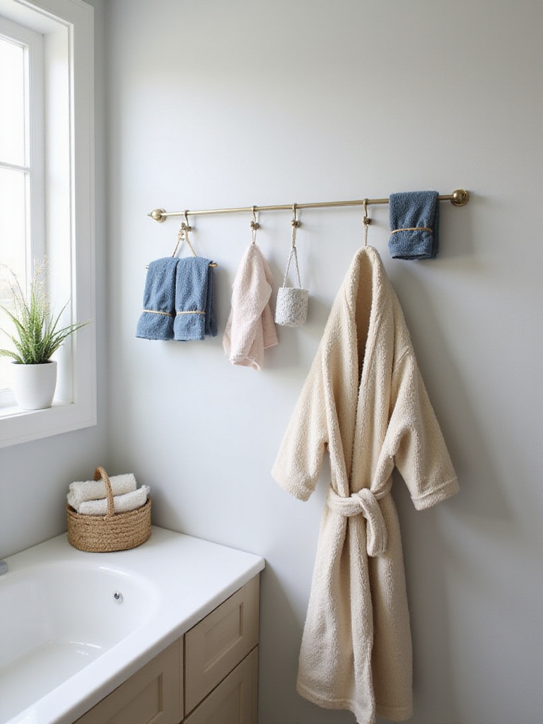 Stylish hooks holding towels and robes in a small modern bathroom.