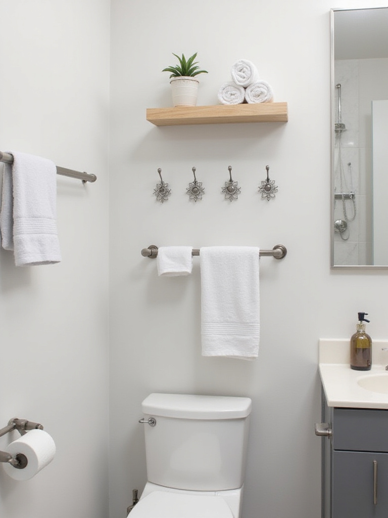 Wall-mounted towel bars, hooks, and shelves in a small modern bathroom maximizing storage.