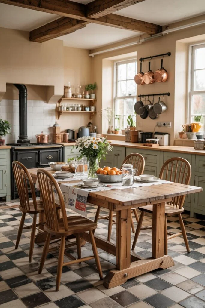 Classic rustic farmhouse kitchen table with spindle chairs, in a kitchen with a checkered floor and exposed copper pots.