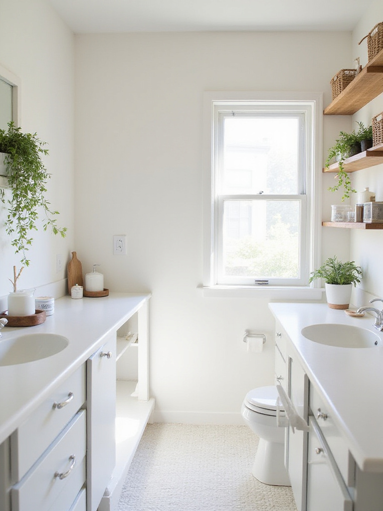 Small modern bathroom with clear countertops and organized shelves, illustrating how decluttering enlarges space.