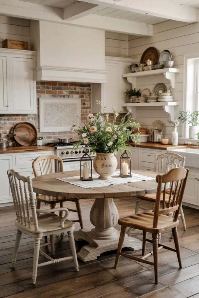 Round farmhouse pedestal table with mixed chairs in a kitchen featuring rustic brick backsplash and open shelving.