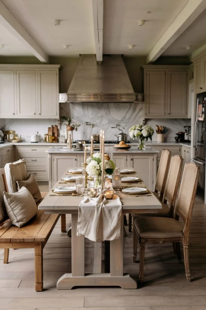 Light rustic farmhouse kitchen table with a bench and cane chairs, set in a kitchen with visible beams.