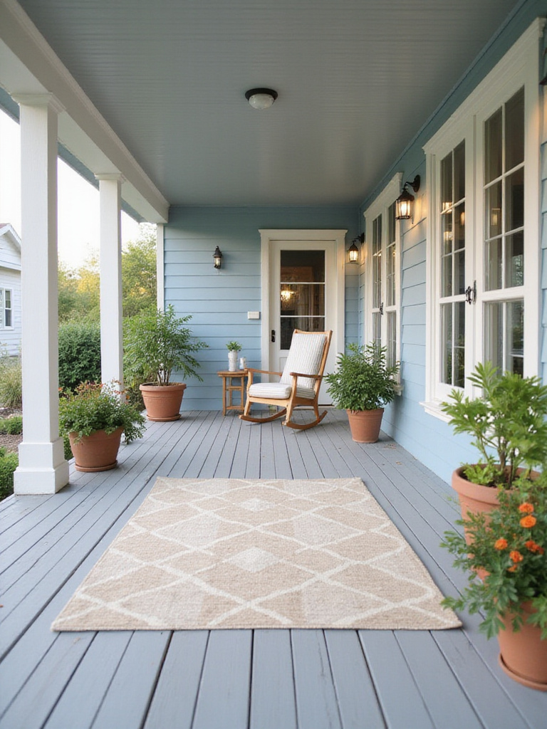 Cozy front porch with rocking chair and neutral geometric outdoor rug