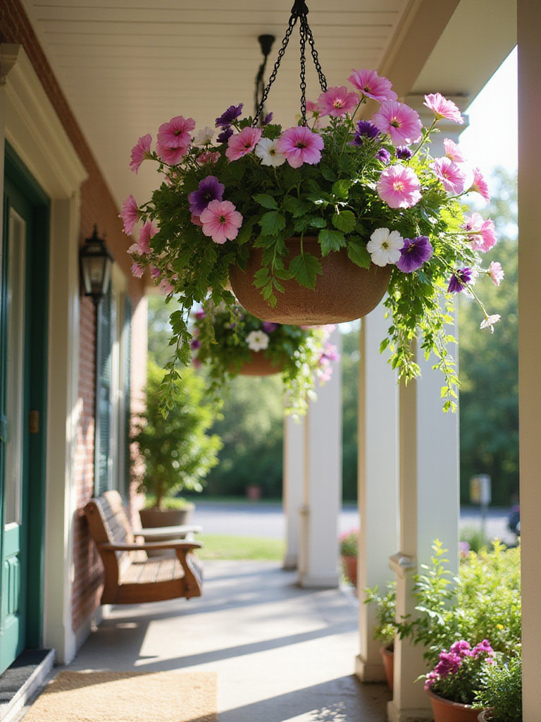 Overflowing hanging baskets filled with colorful flowers adorn a welcoming front porch.