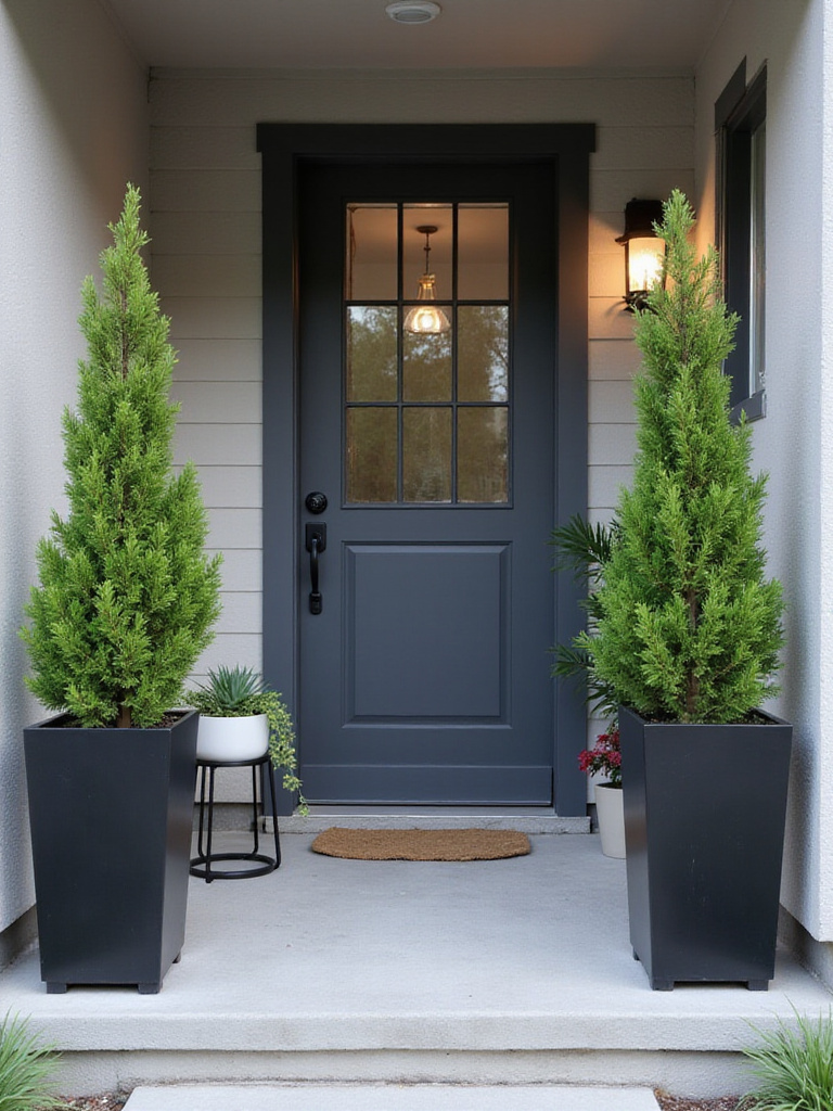 Modern front porch with sleek black metal and white ceramic planters.