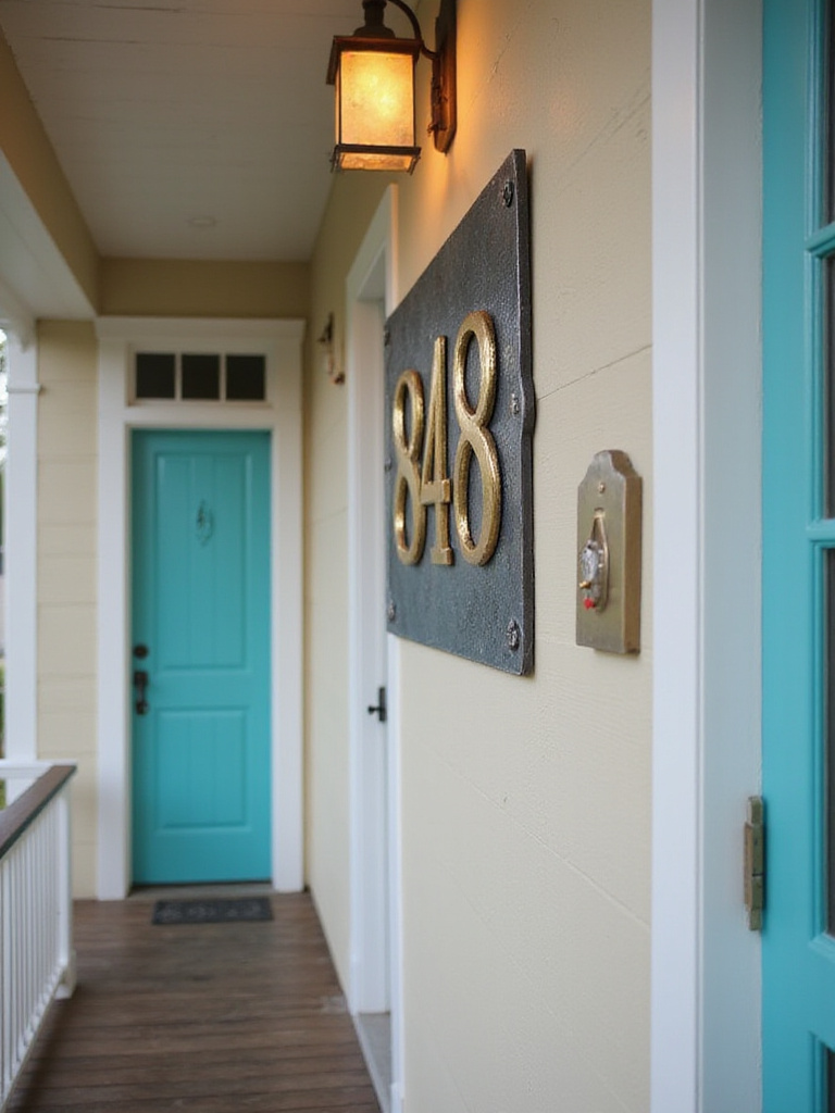 Welcoming front porch with a stylish metal address sign mounted near the teal front door.