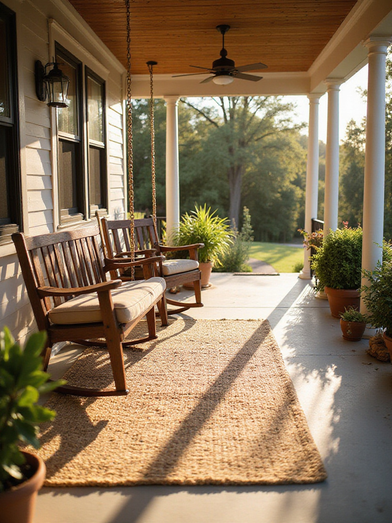 Layered rugs on a front porch create a welcoming and stylish entryway.