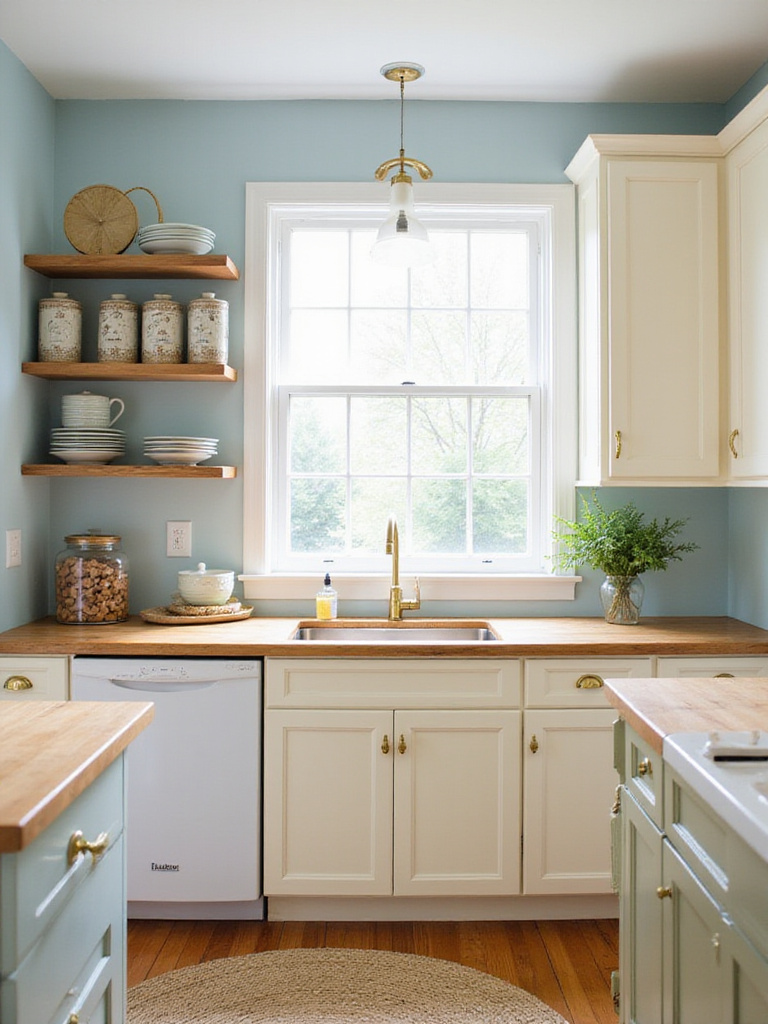 Traditional kitchen with creamy white cabinets and soft blue walls.