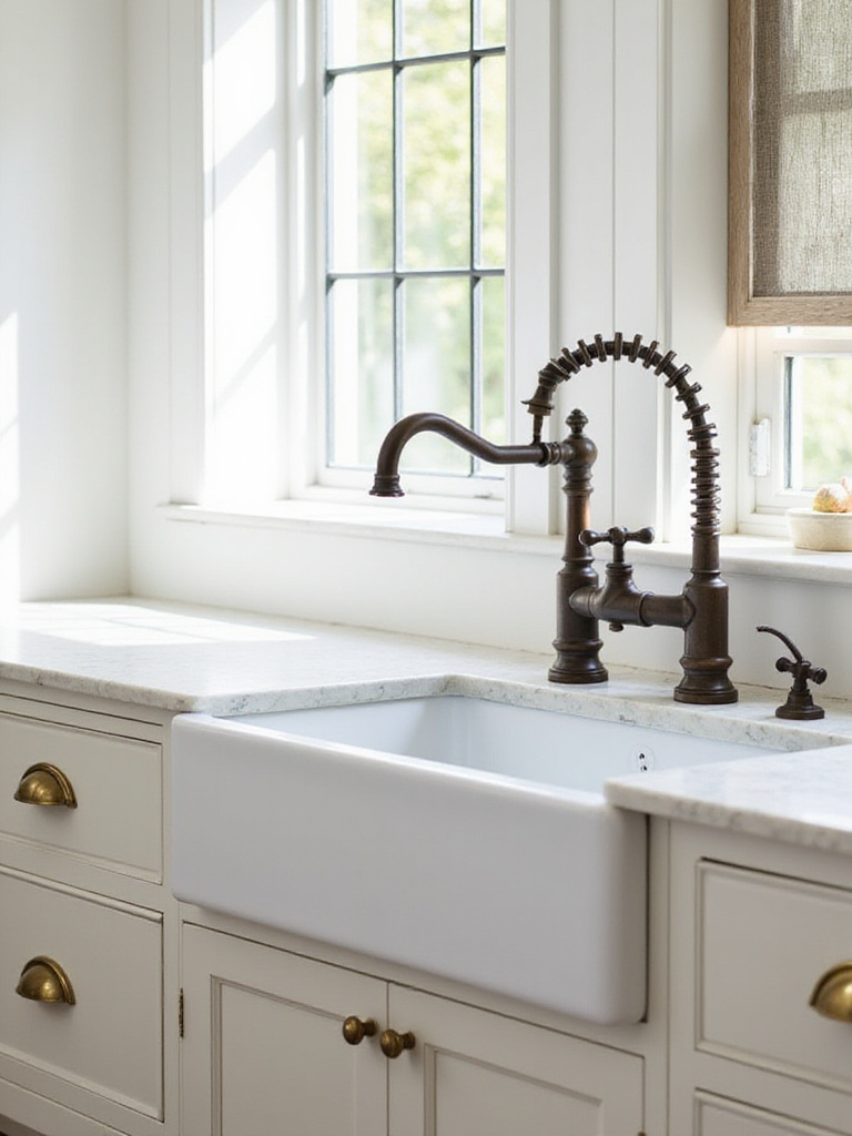 Vintage-inspired bridge faucet with oil-rubbed bronze finish and aged brass hardware in a traditional farmhouse kitchen.
