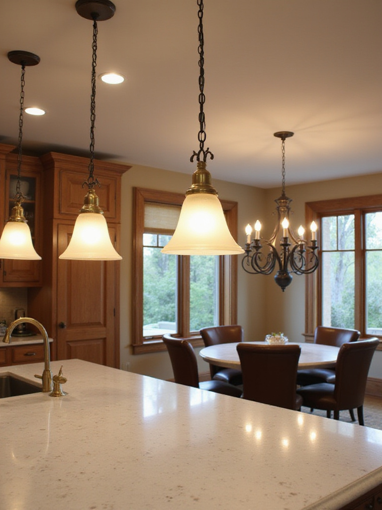 Traditional kitchen with elegant pendant lighting over the island and a statement chandelier above the dining table.