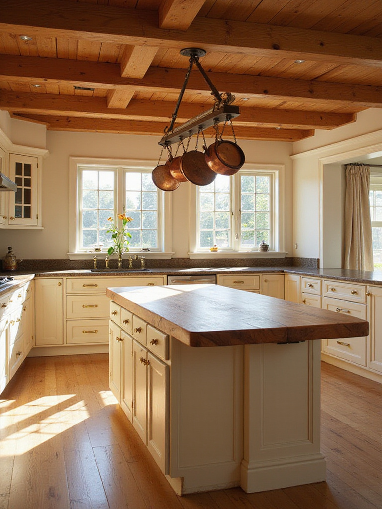 Traditional kitchen with butcher block countertop and exposed wood beams
