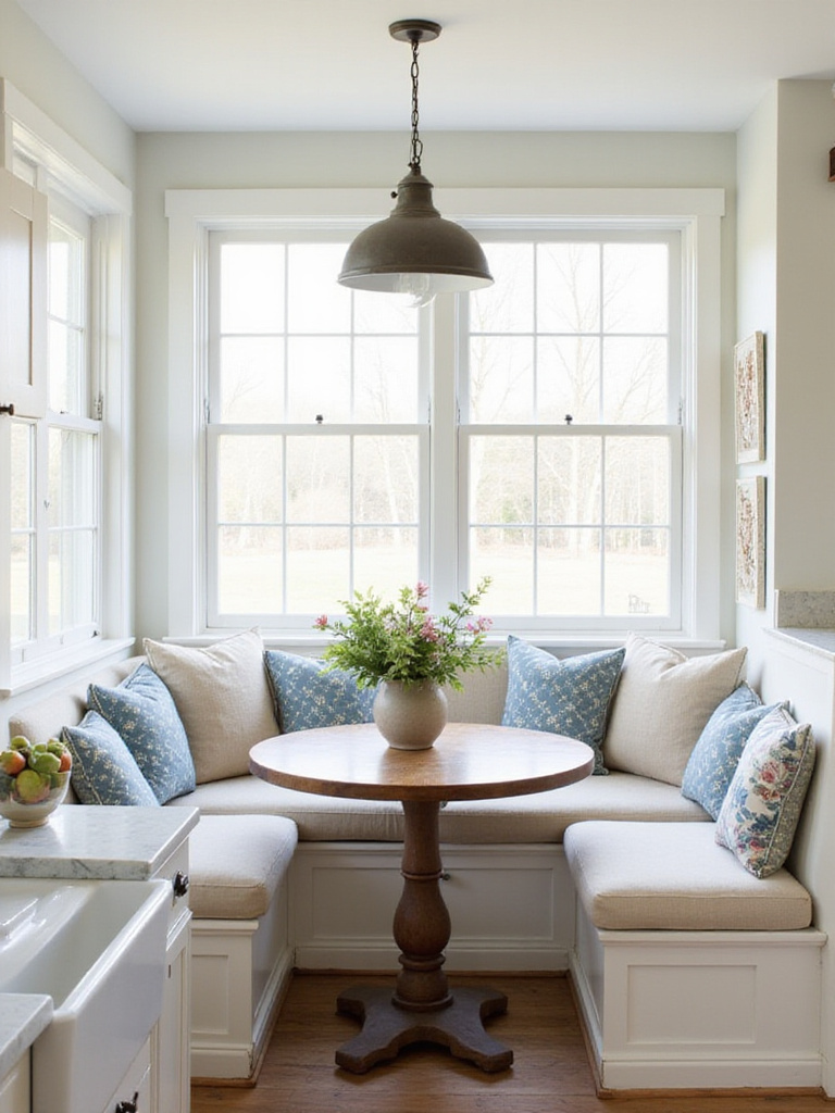 Cozy traditional kitchen breakfast nook with banquette seating and soft cushions.