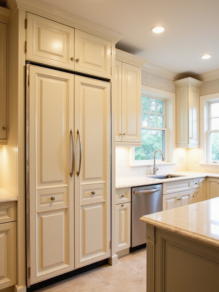 Traditional kitchen with paneled refrigerator and dishwasher seamlessly integrated into cream-colored cabinetry.