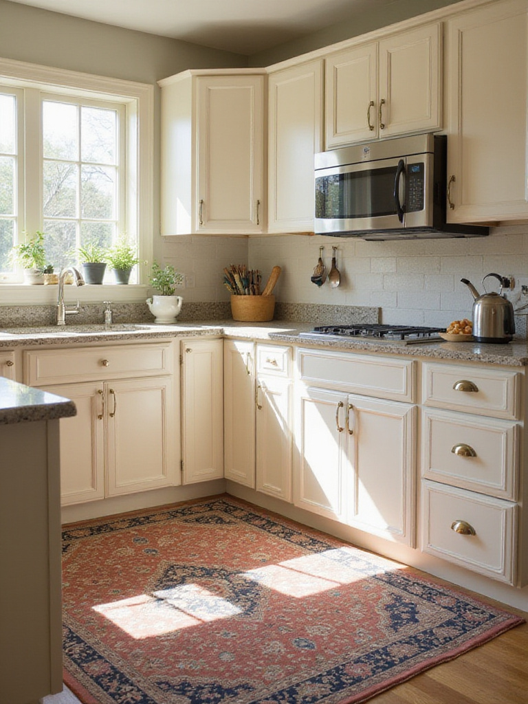 Traditional kitchen interior with Persian rug under island.