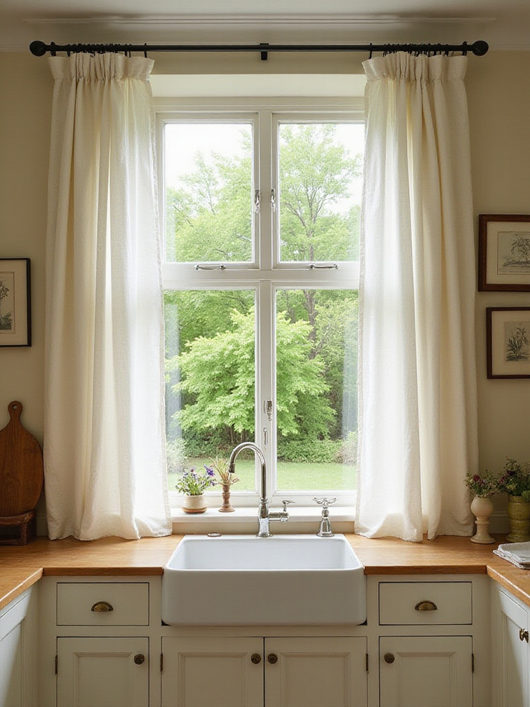 Traditional kitchen with large window and sheer curtains, emphasizing natural light