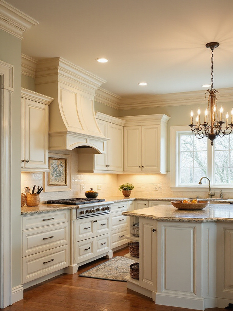 Traditional kitchen interior showcasing decorative crown molding, baseboards, and wainscoting.