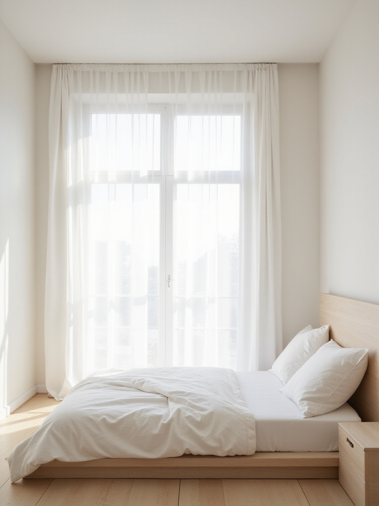 Minimalist bedroom with sheer curtains and natural light.