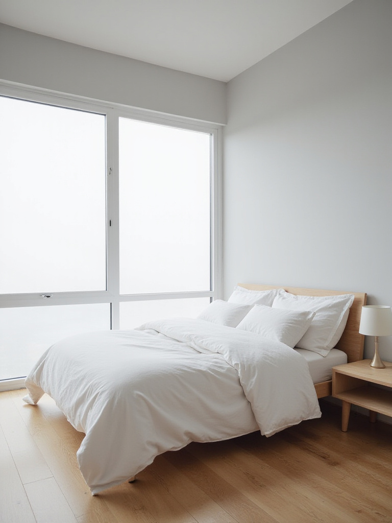 Minimalist bedroom with unpatterned white linen bedding