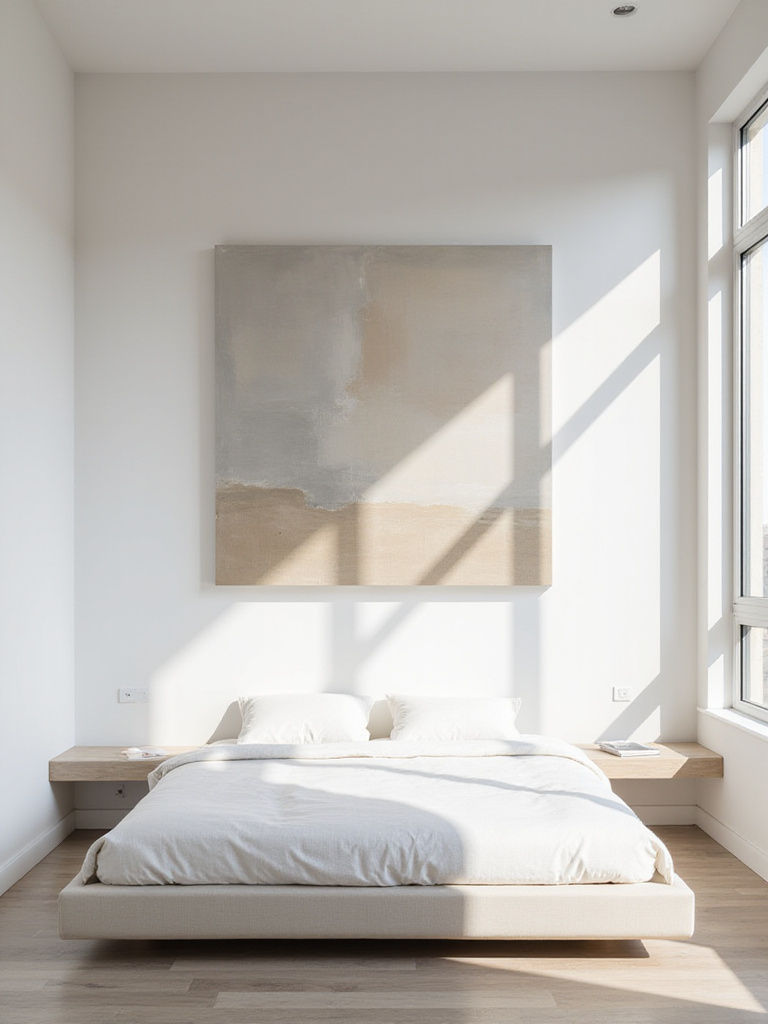 Minimalist bedroom with a single abstract painting on a white wall above a platform bed.