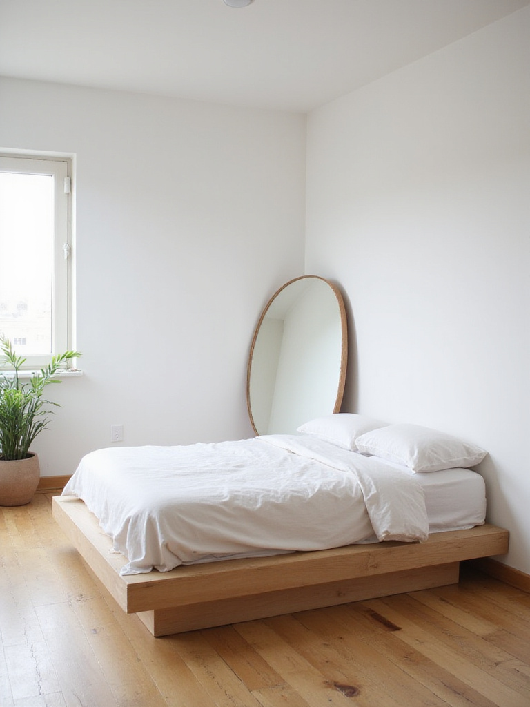 Minimalist bedroom with large round mirror reflecting natural light.