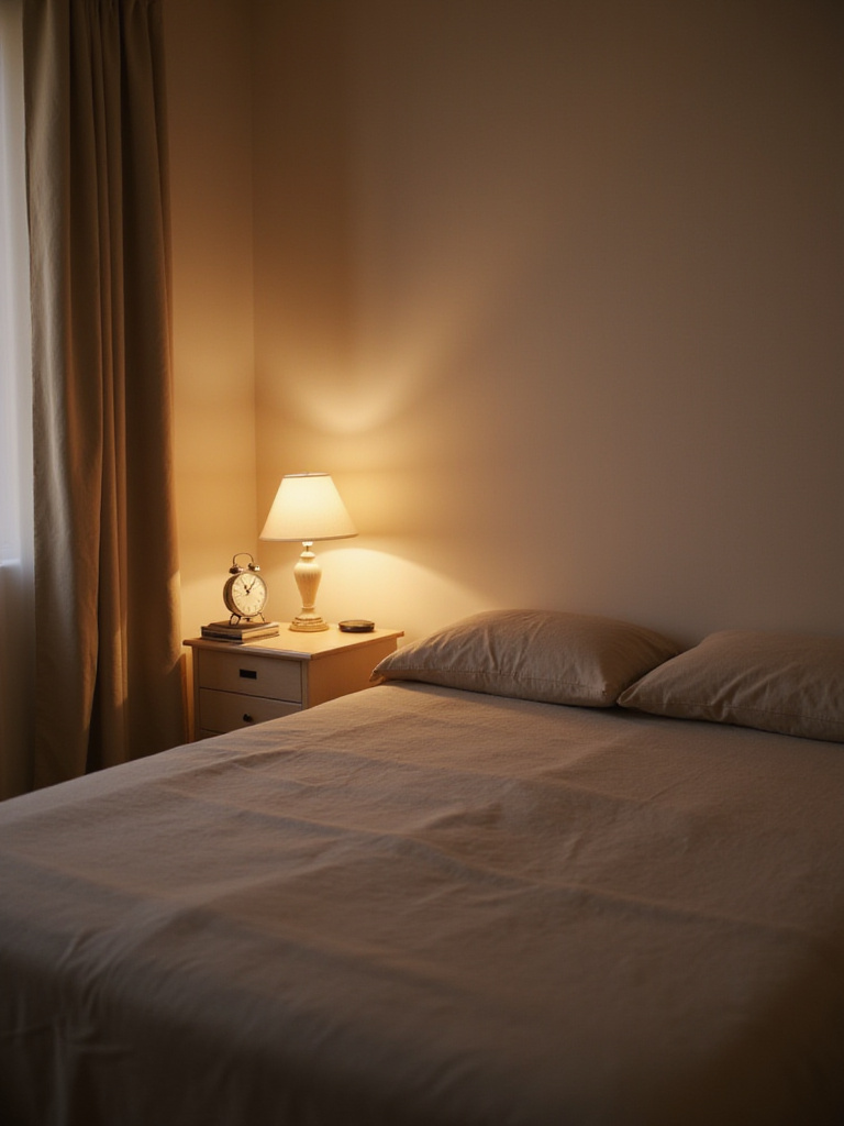 Minimalist bedroom with a traditional alarm clock, promoting a sleep-friendly environment.