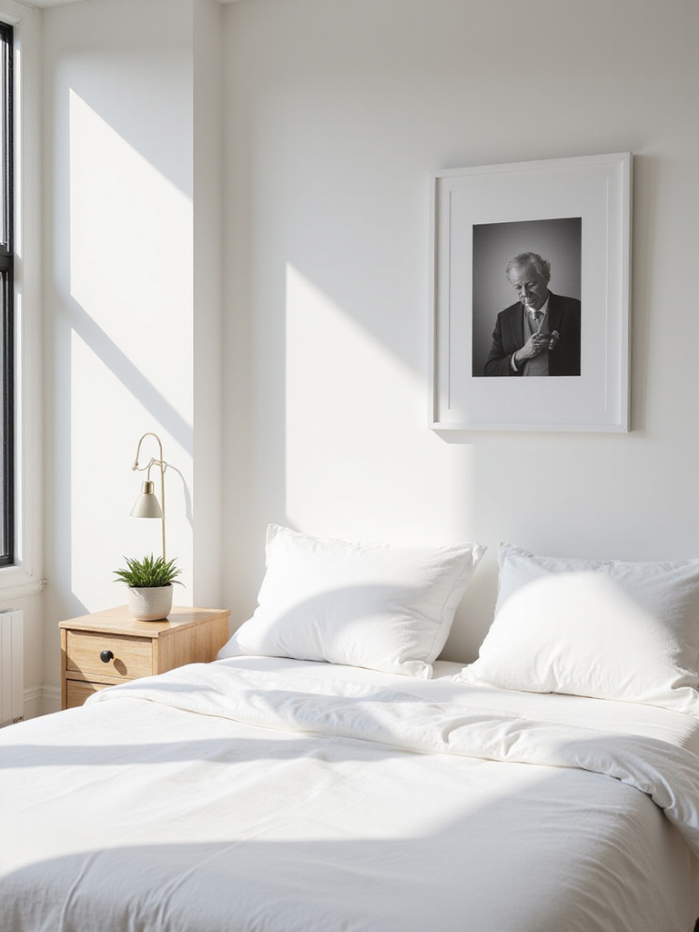 Minimalist bedroom with a single framed photograph and potted succulent.