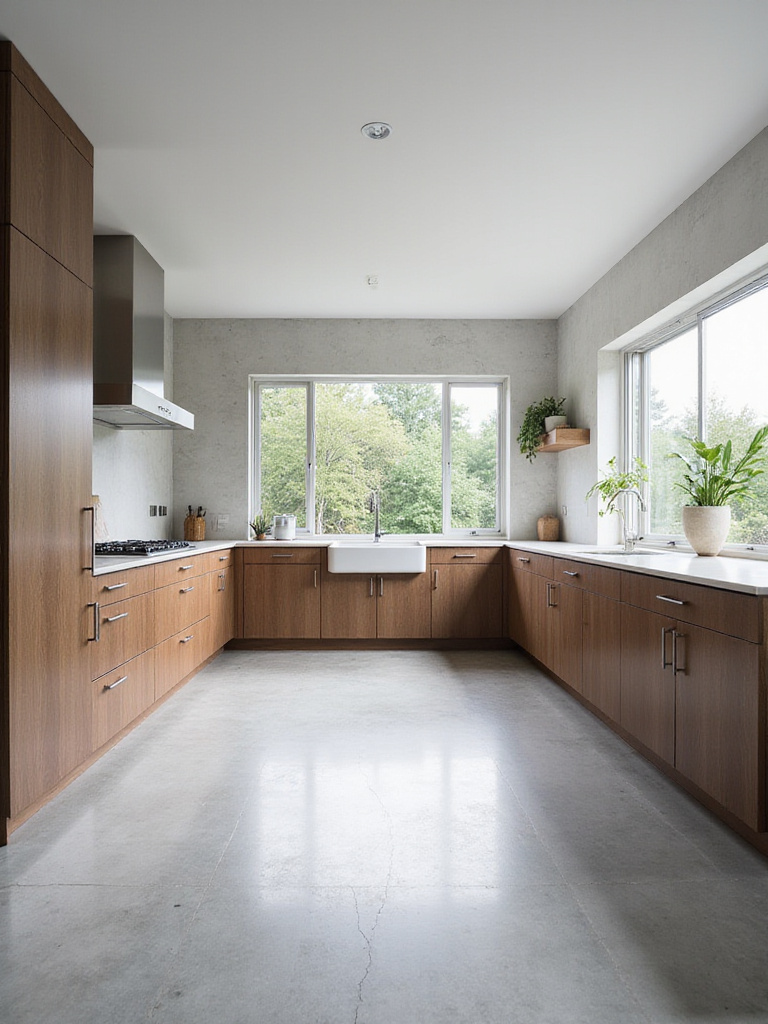 Modern kitchen with polished concrete flooring
