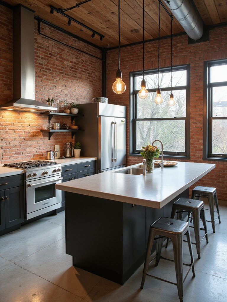 Modern kitchen with exposed brick wall, stainless steel appliances, and metal accents.
