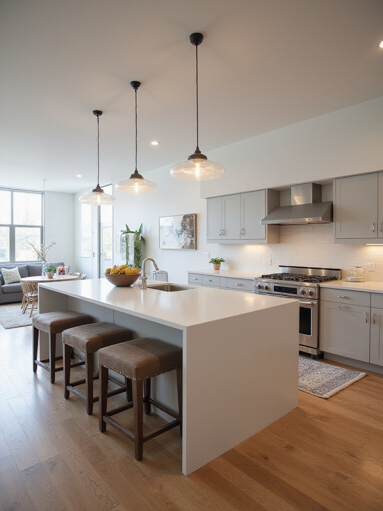 Modern open-concept kitchen with island, dining area, and living room.